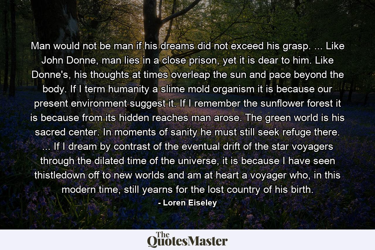 Man would not be man if his dreams did not exceed his grasp. ... Like John Donne, man lies in a close prison, yet it is dear to him. Like Donne's, his thoughts at times overleap the sun and pace beyond the body. If I term humanity a slime mold organism it is because our present environment suggest it. If I remember the sunflower forest it is because from its hidden reaches man arose. The green world is his sacred center. In moments of sanity he must still seek refuge there. ... If I dream by contrast of the eventual drift of the star voyagers through the dilated time of the universe, it is because I have seen thistledown off to new worlds and am at heart a voyager who, in this modern time, still yearns for the lost country of his birth. - Quote by Loren Eiseley