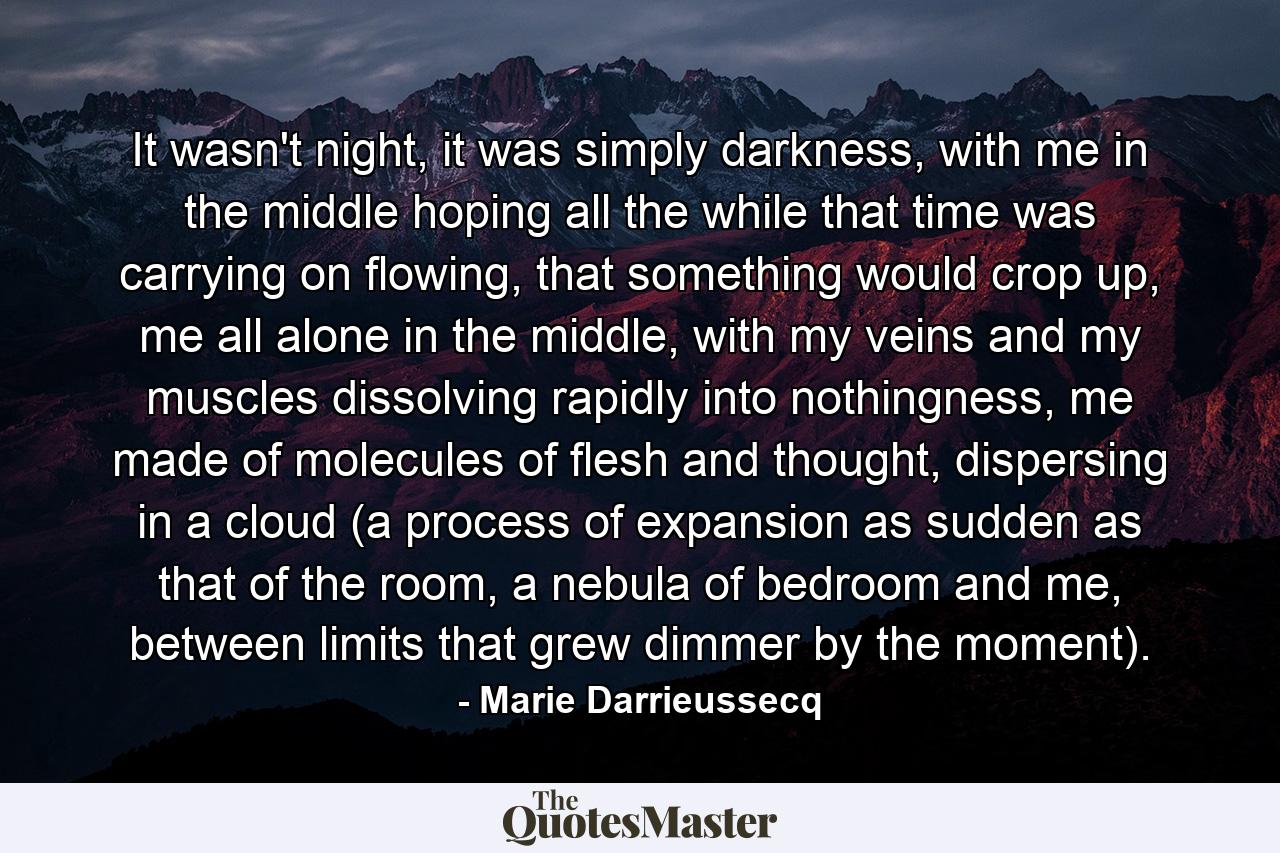 It wasn't night, it was simply darkness, with me in the middle hoping all the while that time was carrying on flowing, that something would crop up, me all alone in the middle, with my veins and my muscles dissolving rapidly into nothingness, me made of molecules of flesh and thought, dispersing in a cloud (a process of expansion as sudden as that of the room, a nebula of bedroom and me, between limits that grew dimmer by the moment). - Quote by Marie Darrieussecq