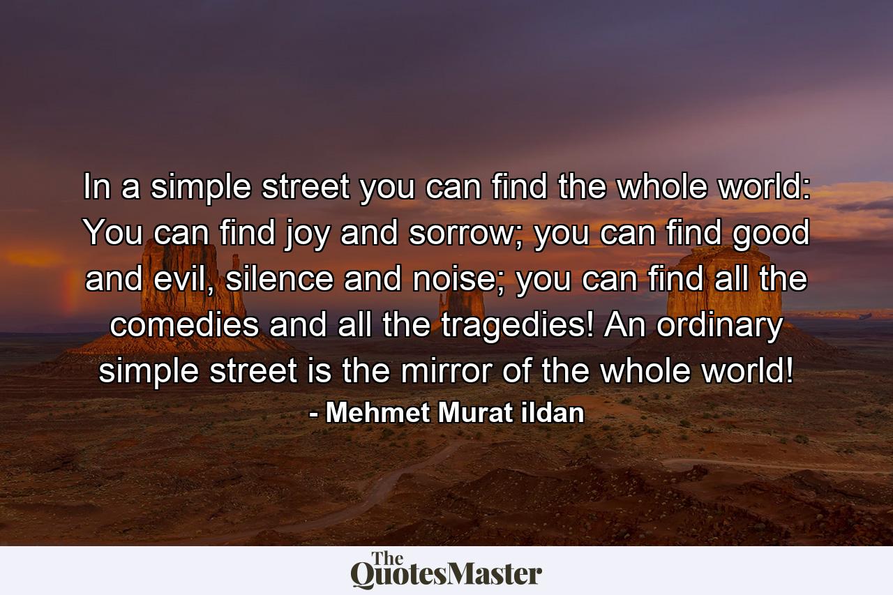 In a simple street you can find the whole world: You can find joy and sorrow; you can find good and evil, silence and noise; you can find all the comedies and all the tragedies! An ordinary simple street is the mirror of the whole world! - Quote by Mehmet Murat ildan