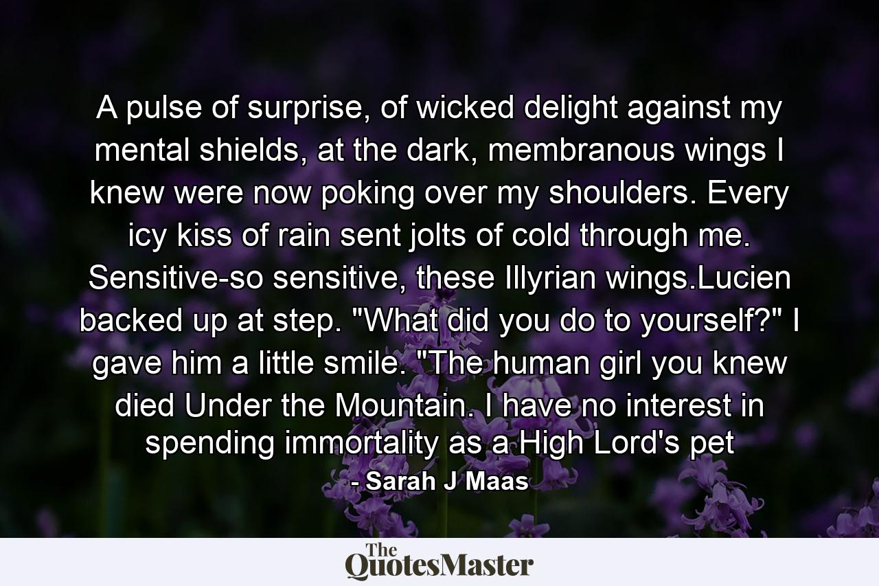 A pulse of surprise, of wicked delight against my mental shields, at the dark, membranous wings I knew were now poking over my shoulders. Every icy kiss of rain sent jolts of cold through me. Sensitive-so sensitive, these Illyrian wings.Lucien backed up at step. 