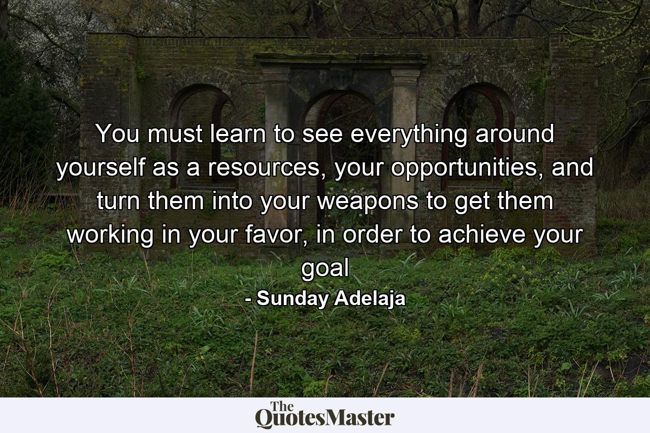 You must learn to see everything around yourself as a resources, your opportunities, and turn them into your weapons to get them working in your favor, in order to achieve your goal - Quote by Sunday Adelaja