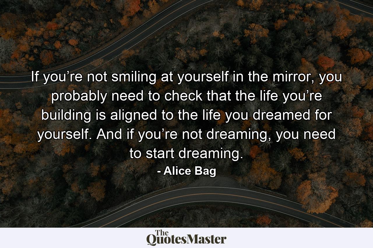 If you’re not smiling at yourself in the mirror, you probably need to check that the life you’re building is aligned to the life you dreamed for yourself. And if you’re not dreaming, you need to start dreaming. - Quote by Alice Bag