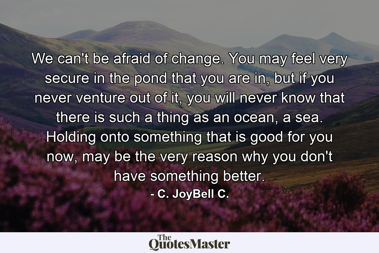 We can't be afraid of change. You may feel very secure in the pond that you are in, but if you never venture out of it, you will never know that there is such a thing as an ocean, a sea. Holding onto something that is good for you now, may be the very reason why you don't have something better. - Quote by C. JoyBell C.