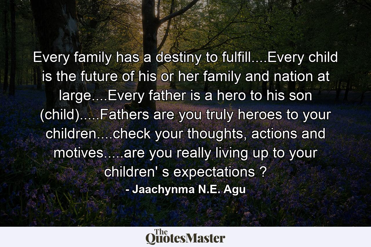 Every family has a destiny to fulfill....Every child is the future of his or her family and nation at large....Every father is a hero to his son (child).....Fathers are you truly heroes to your children....check your thoughts, actions and motives.....are you really living up to your children' s expectations ? - Quote by Jaachynma N.E. Agu