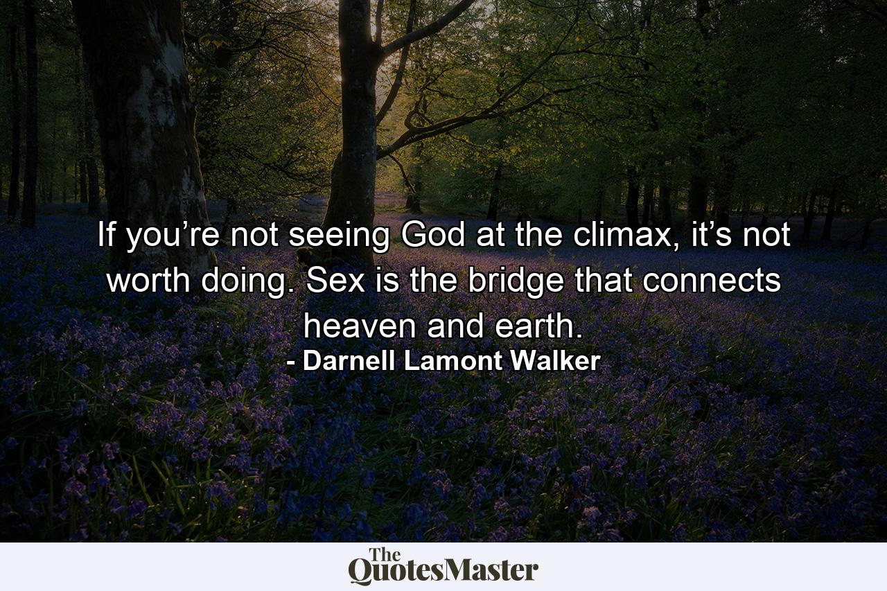 If you’re not seeing God at the climax, it’s not worth doing. Sex is the bridge that connects heaven and earth. - Quote by Darnell Lamont Walker