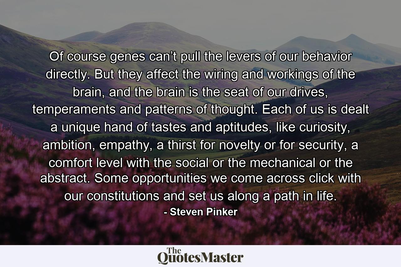 Of course genes can’t pull the levers of our behavior directly. But they affect the wiring and workings of the brain, and the brain is the seat of our drives, temperaments and patterns of thought. Each of us is dealt a unique hand of tastes and aptitudes, like curiosity, ambition, empathy, a thirst for novelty or for security, a comfort level with the social or the mechanical or the abstract. Some opportunities we come across click with our constitutions and set us along a path in life. - Quote by Steven Pinker